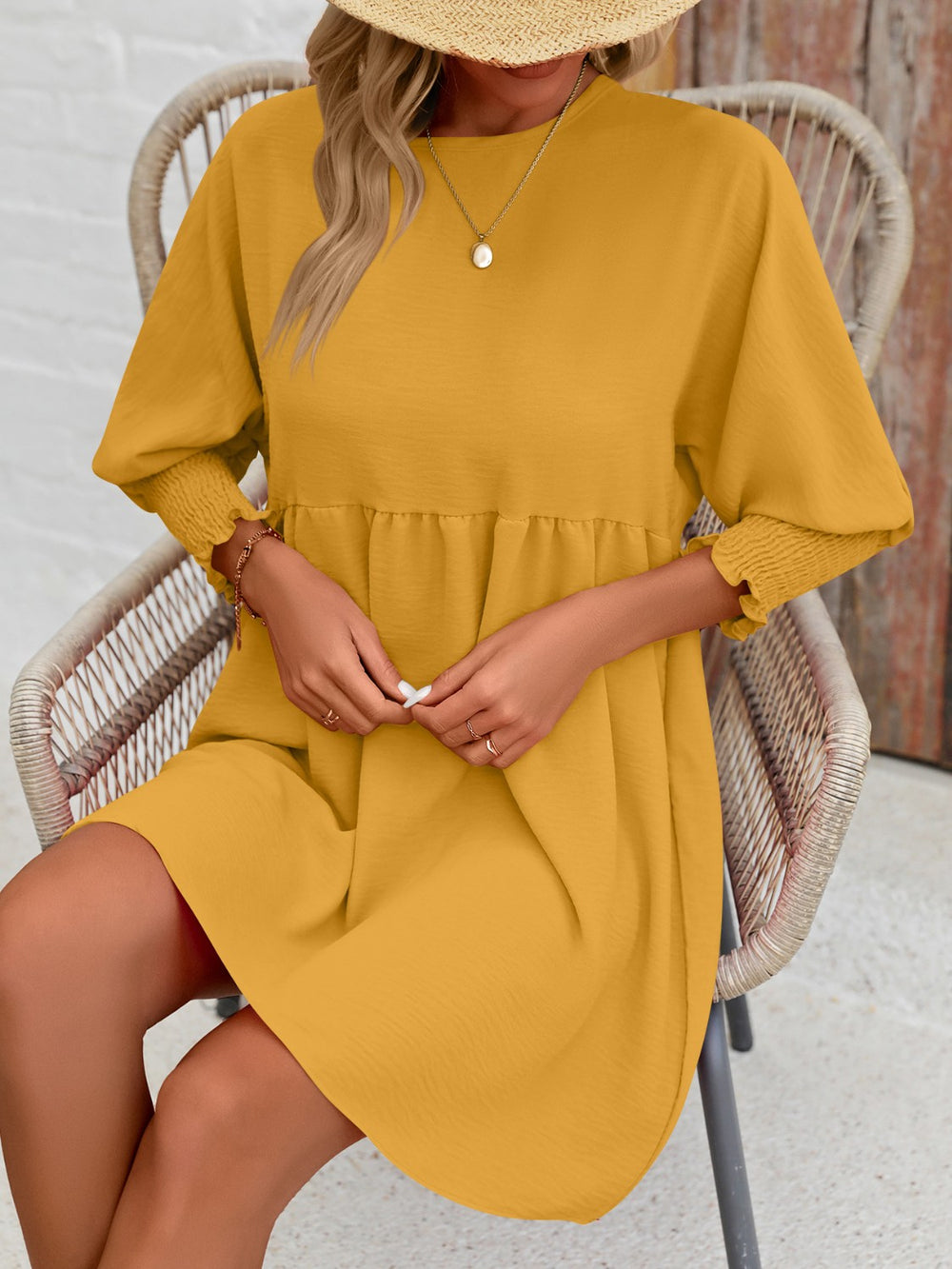 Round Neck Lantern Sleeve Mini Dress Trendsi