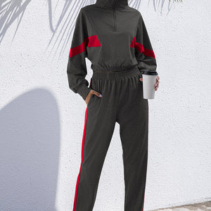 Turtle Neck Long Sleeve Zip-Up Top Long Pants Set Trendsi