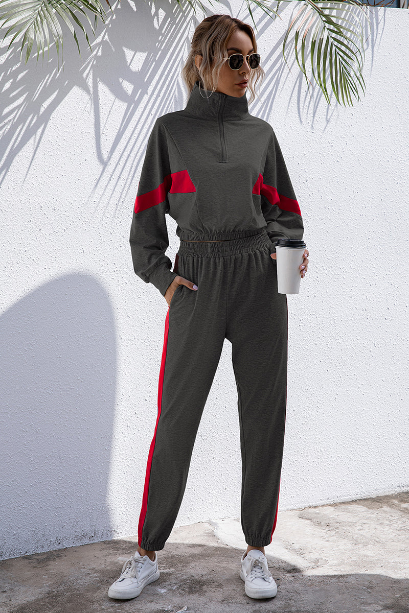 Turtle Neck Long Sleeve Zip-Up Top Long Pants Set Trendsi