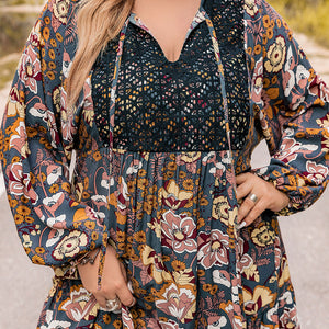 Plus Size Floral Tie Neck Balloon Sleeve Mini Dress Trendsi