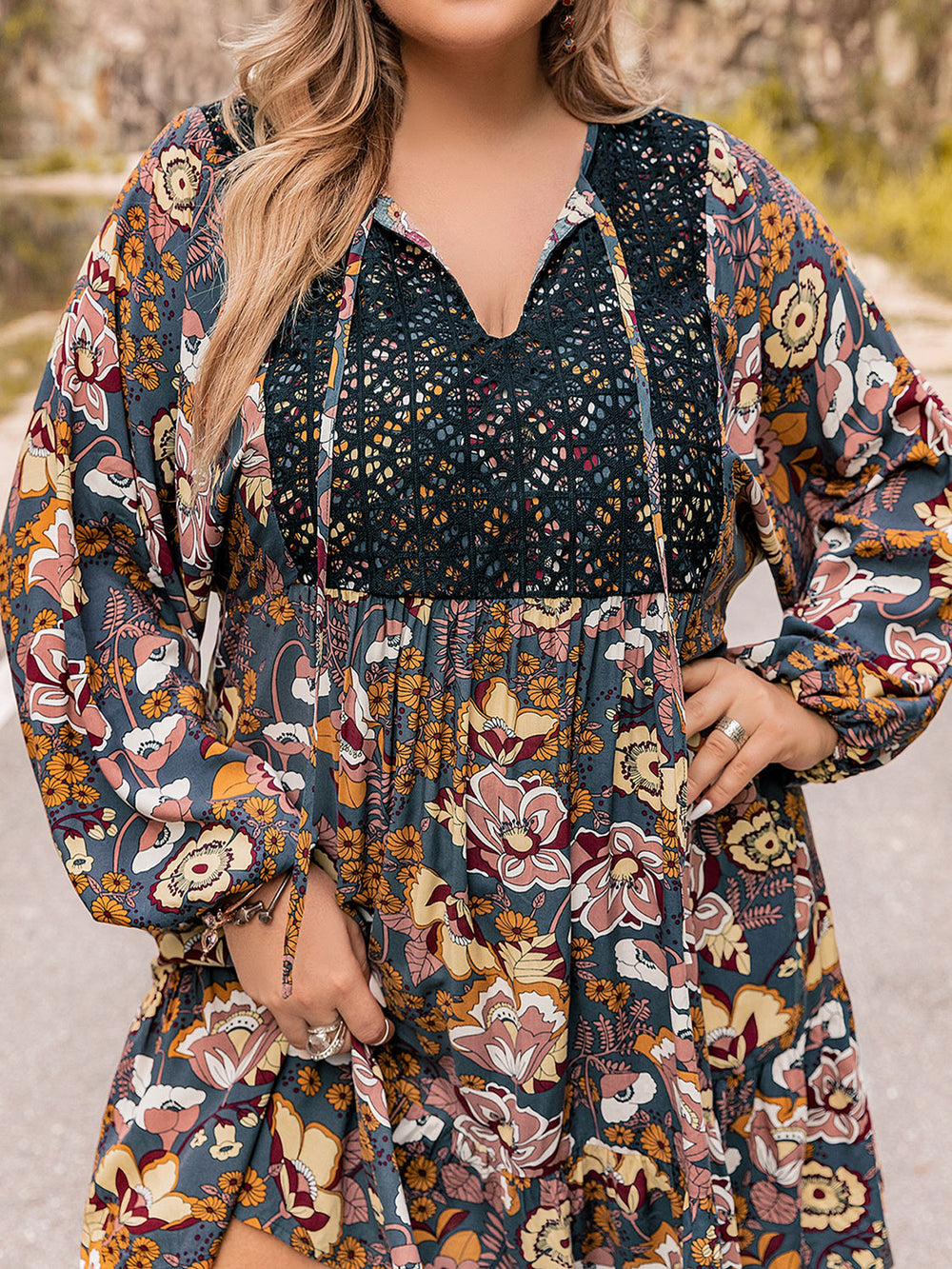 Plus Size Floral Tie Neck Balloon Sleeve Mini Dress Trendsi