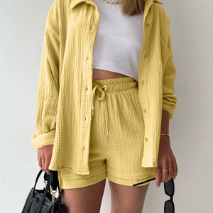 Texture Button Up Shirt and Drawstring Shorts Set Trendsi