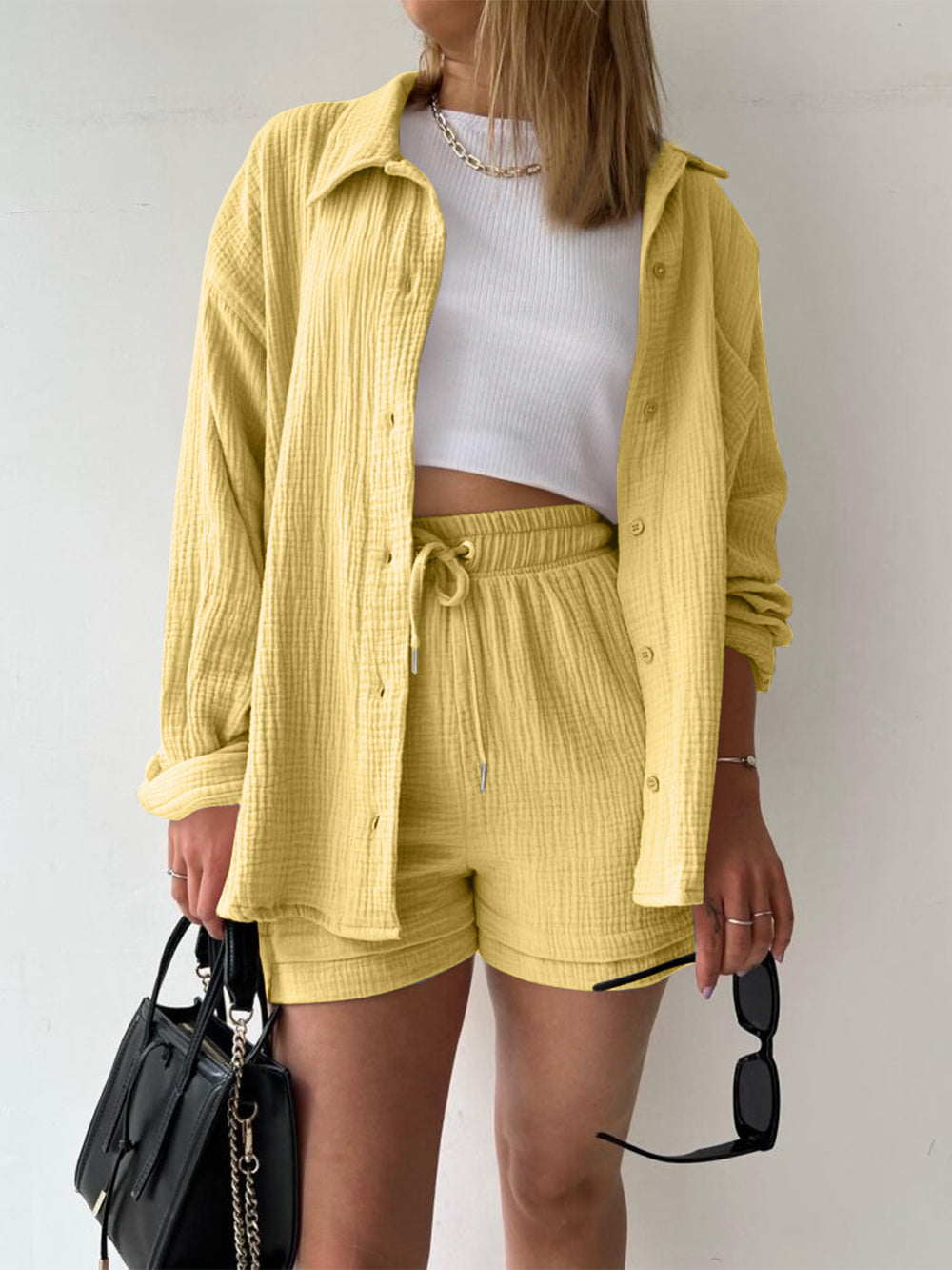 Texture Button Up Shirt and Drawstring Shorts Set Trendsi