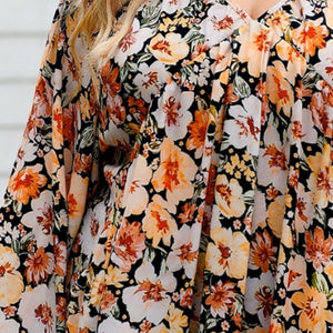 Plus Size Floral V-Neck Balloon Sleeve Blouse Trendsi