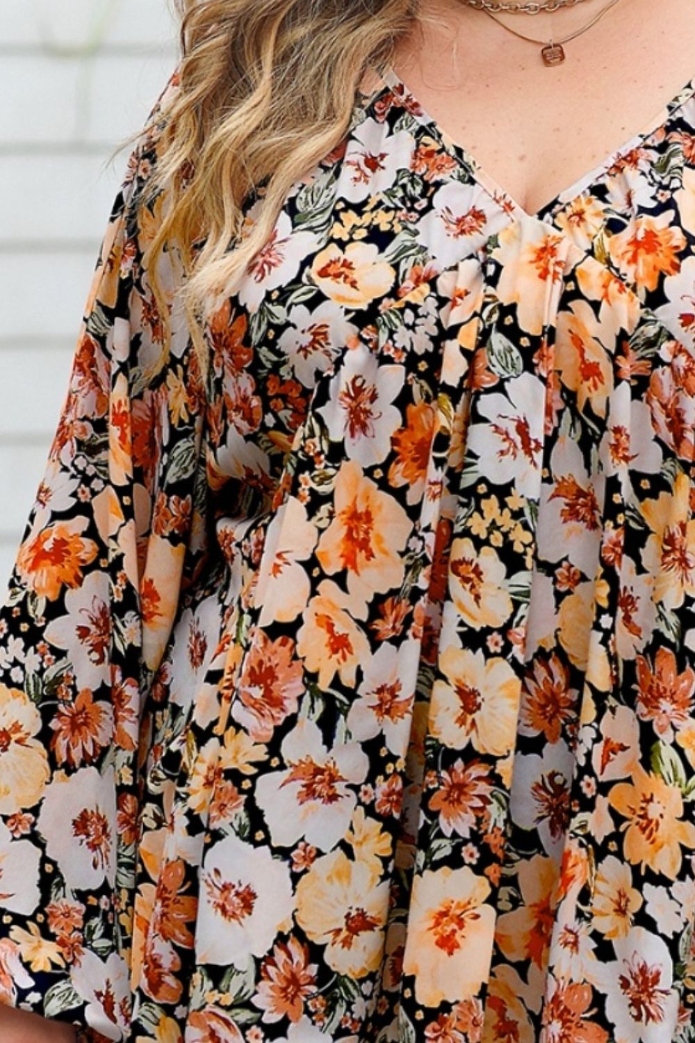 Plus Size Floral V-Neck Balloon Sleeve Blouse Trendsi