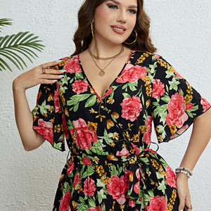 Plus Size Floral Tie Belt Surplice Dress Trendsi