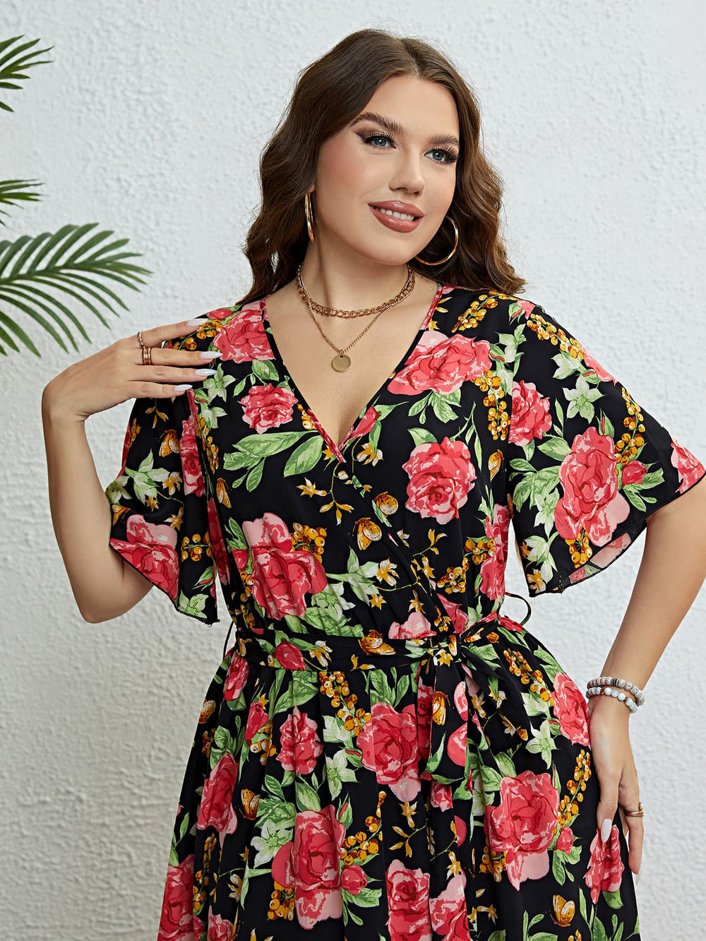 Plus Size Floral Tie Belt Surplice Dress Trendsi