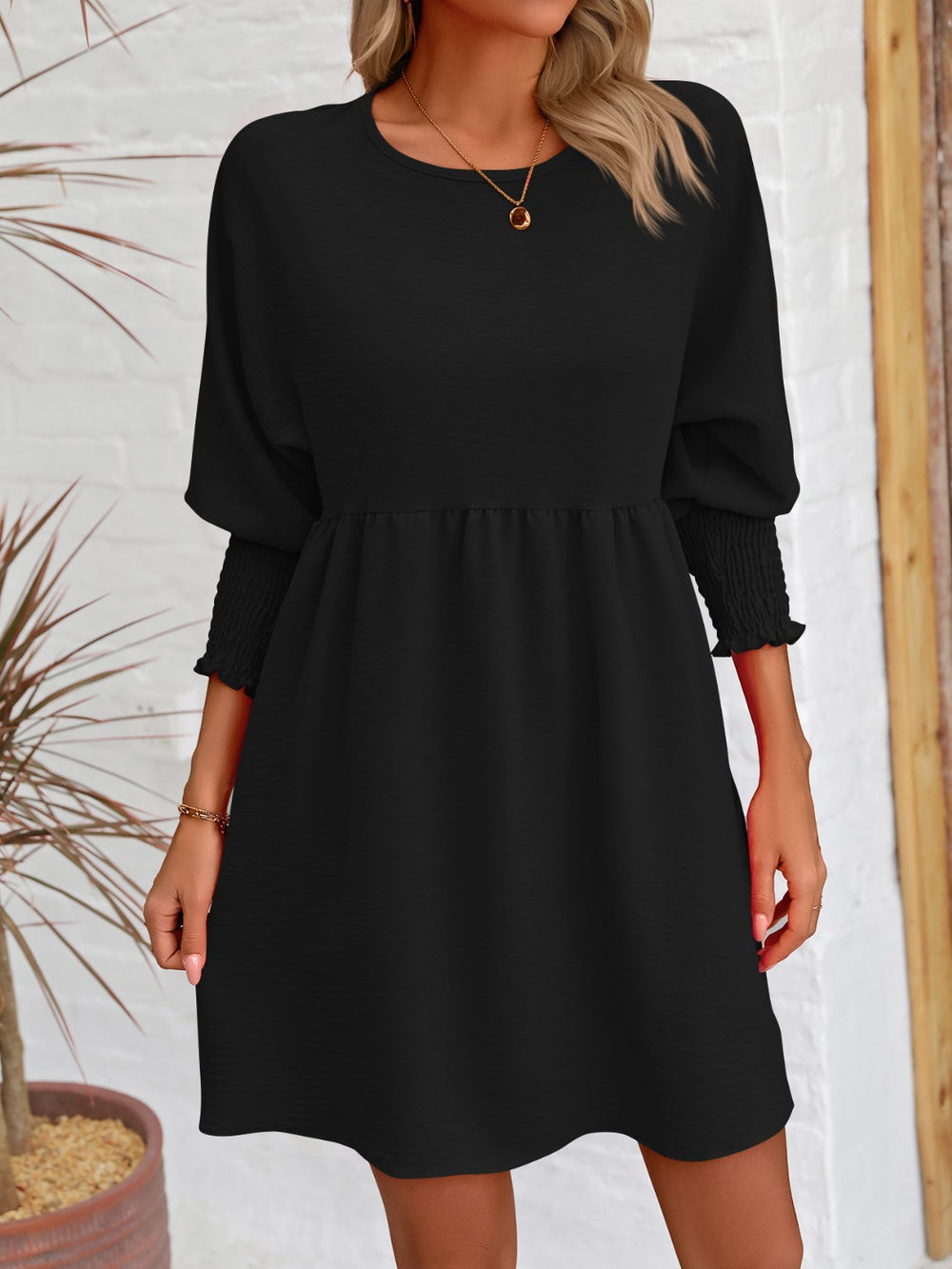 Round Neck Lantern Sleeve Mini Dress Trendsi