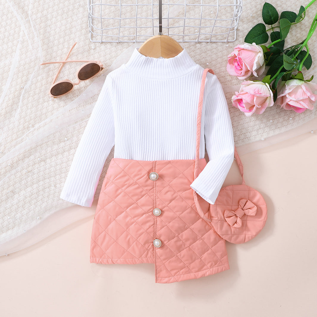 Girls Knit Top and Decorative Button Skirt Set with Bag Trendsi