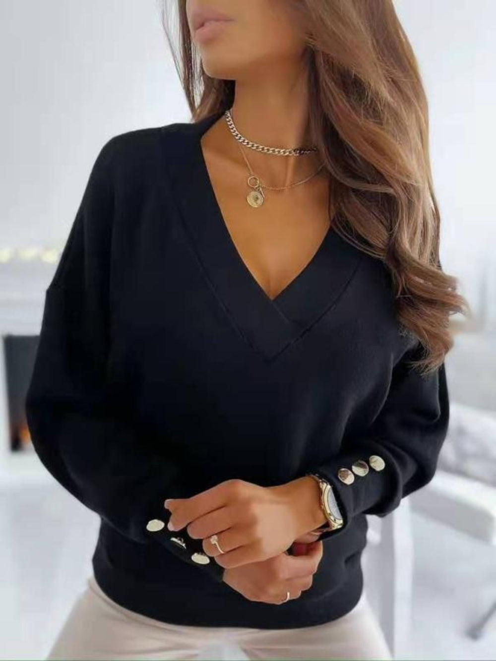 V-Neck Long Sleeve Sweatshirt Trendsi