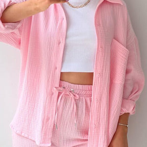 Texture Button Up Shirt and Drawstring Shorts Set Trendsi