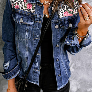 Mixed Print Distressed Button Front Denim Jacket Trendsi