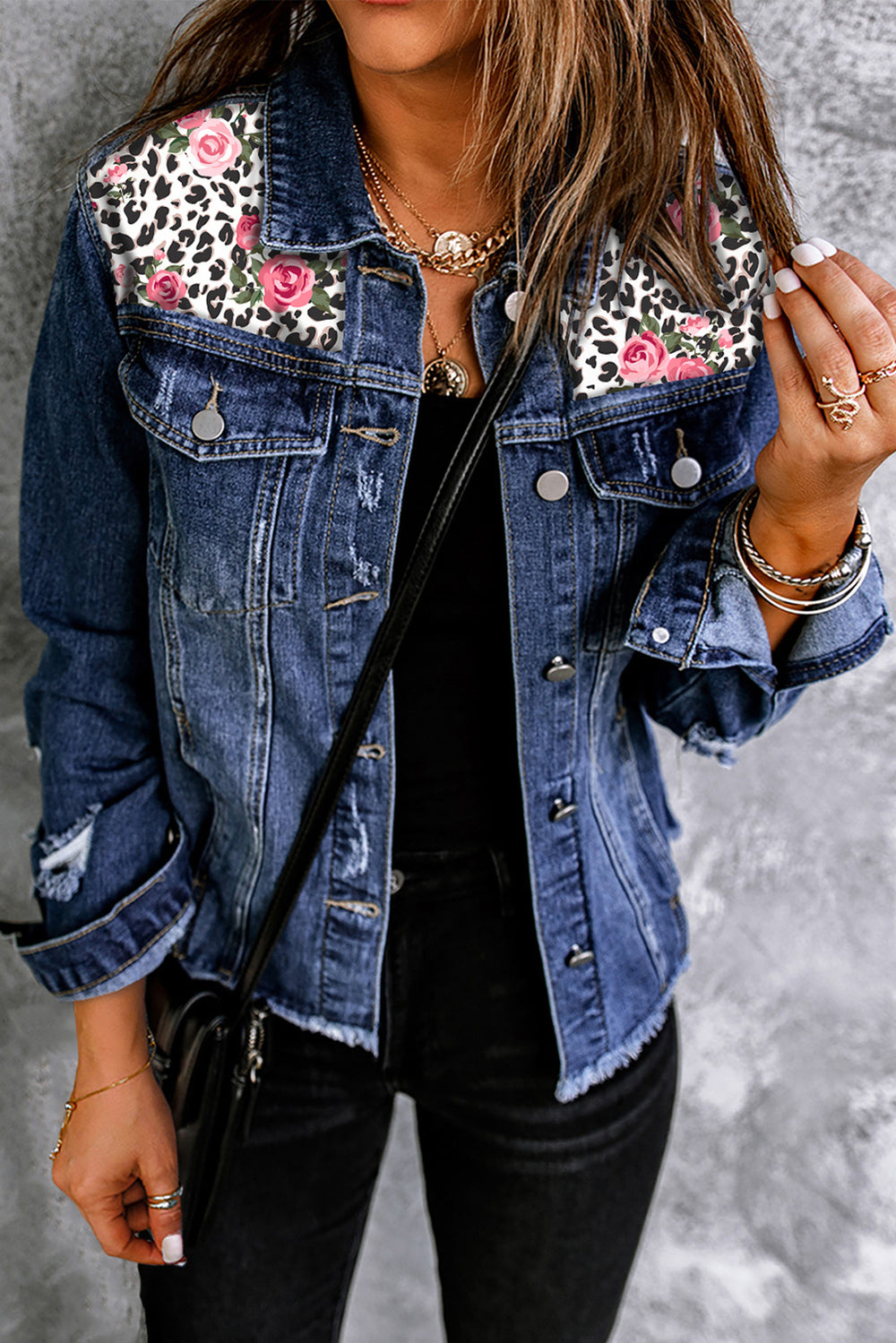 Mixed Print Distressed Button Front Denim Jacket Trendsi