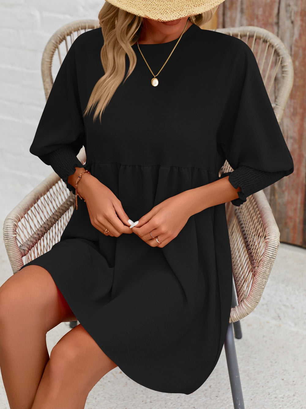 Round Neck Lantern Sleeve Mini Dress Trendsi