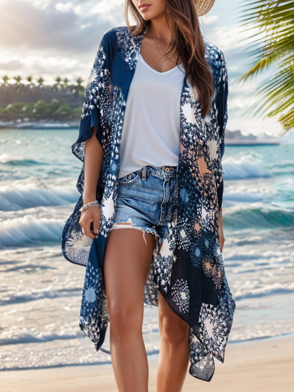 Printed Open Front Cover-Up Trendsi