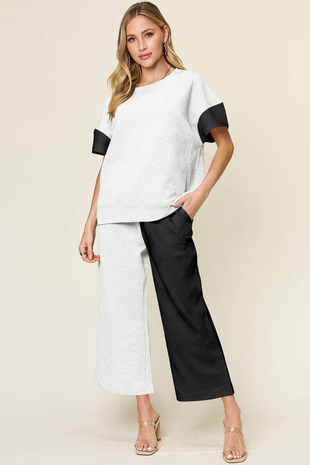 Double Take Full Size Texture Contrast T-Shirt and Wide Leg Pants Set Trendsi