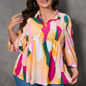 Plus Size Printed Collared Neck Half Button Top Trendsi