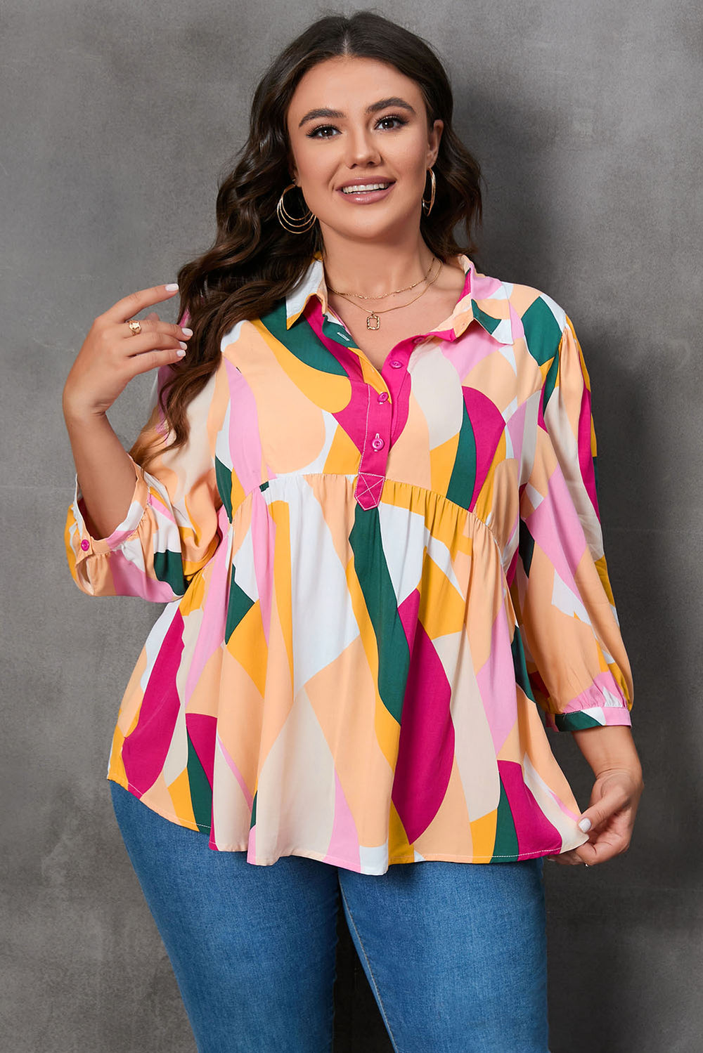 Plus Size Printed Collared Neck Half Button Top Trendsi