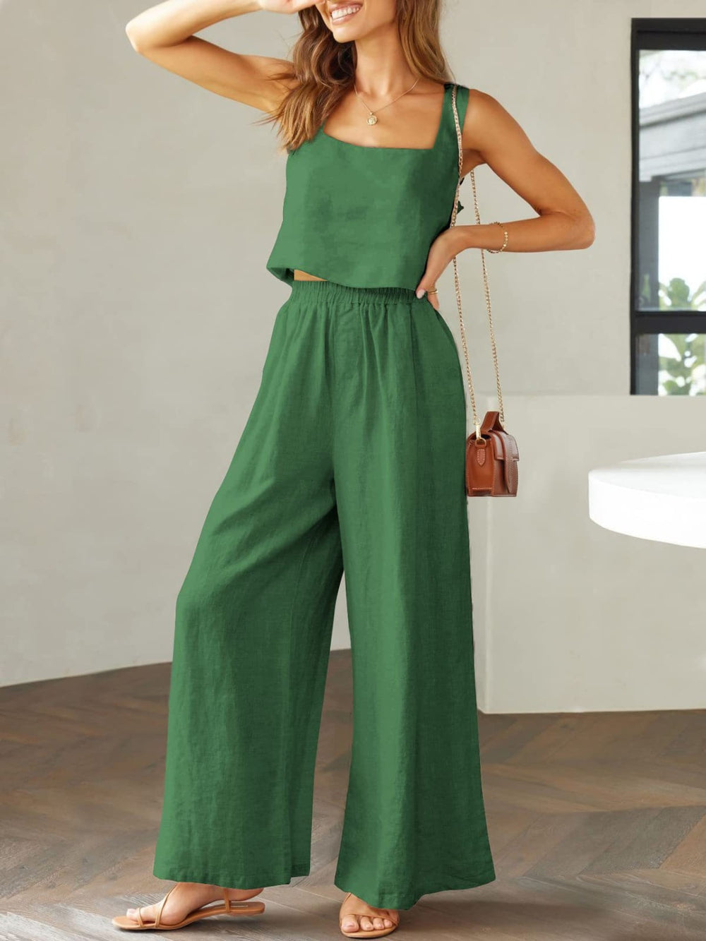 Square Neck Top and Wide Leg Pants Set Trendsi