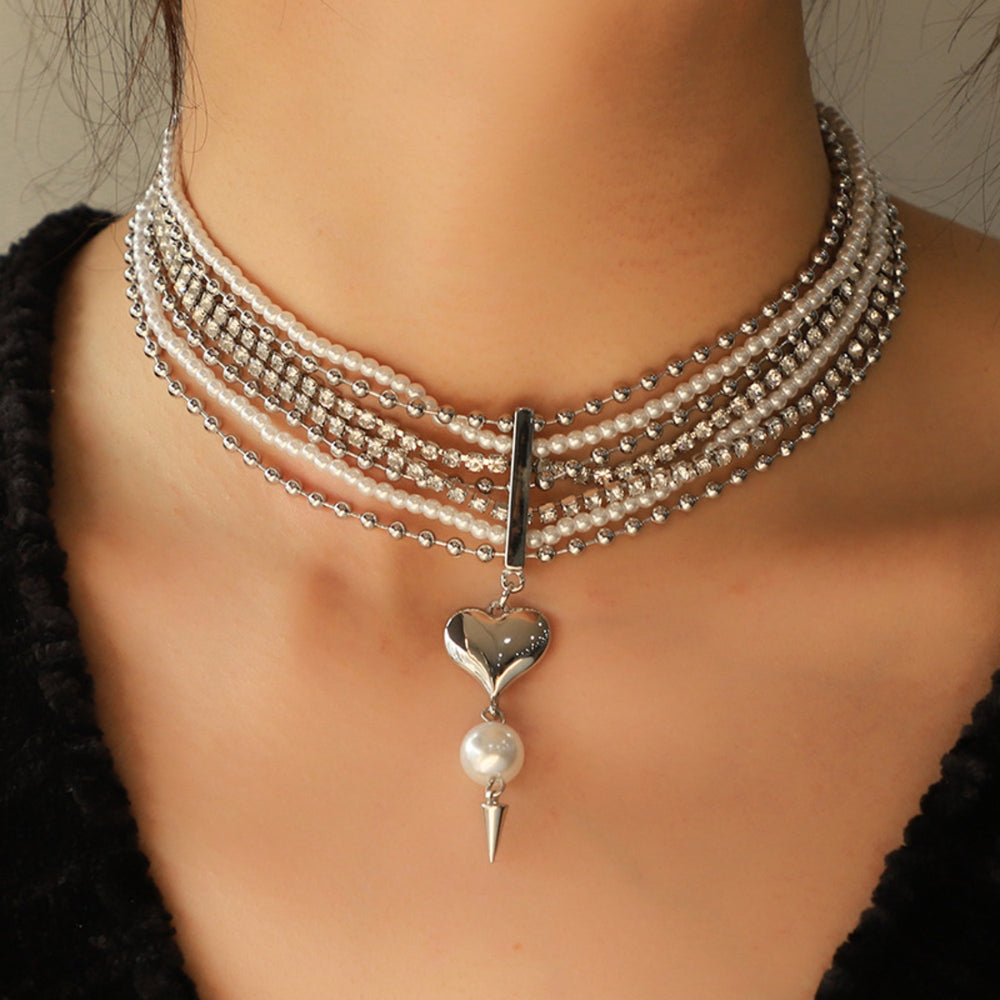 Layered Synthetic Pearl Rhinestone Heart Pendant Necklace Trendsi