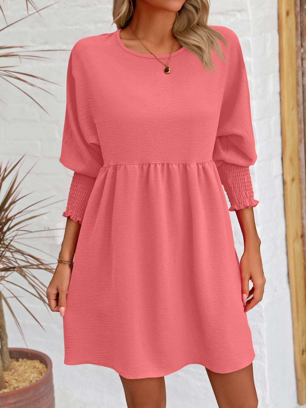 Round Neck Lantern Sleeve Mini Dress Trendsi