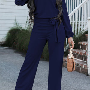 Boat Neck Tie Belt Jumpsuit Trendsi