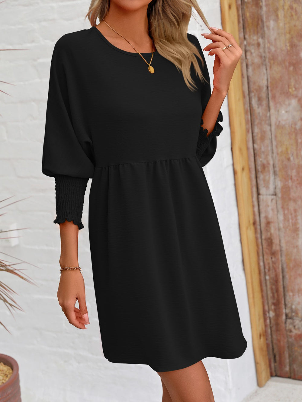 Round Neck Lantern Sleeve Mini Dress Trendsi