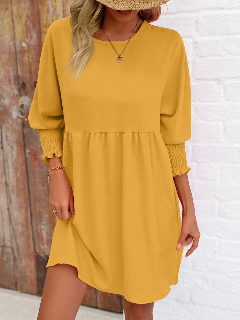 Round Neck Lantern Sleeve Mini Dress Trendsi