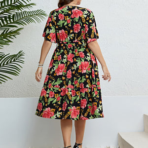 Plus Size Floral Tie Belt Surplice Dress Trendsi