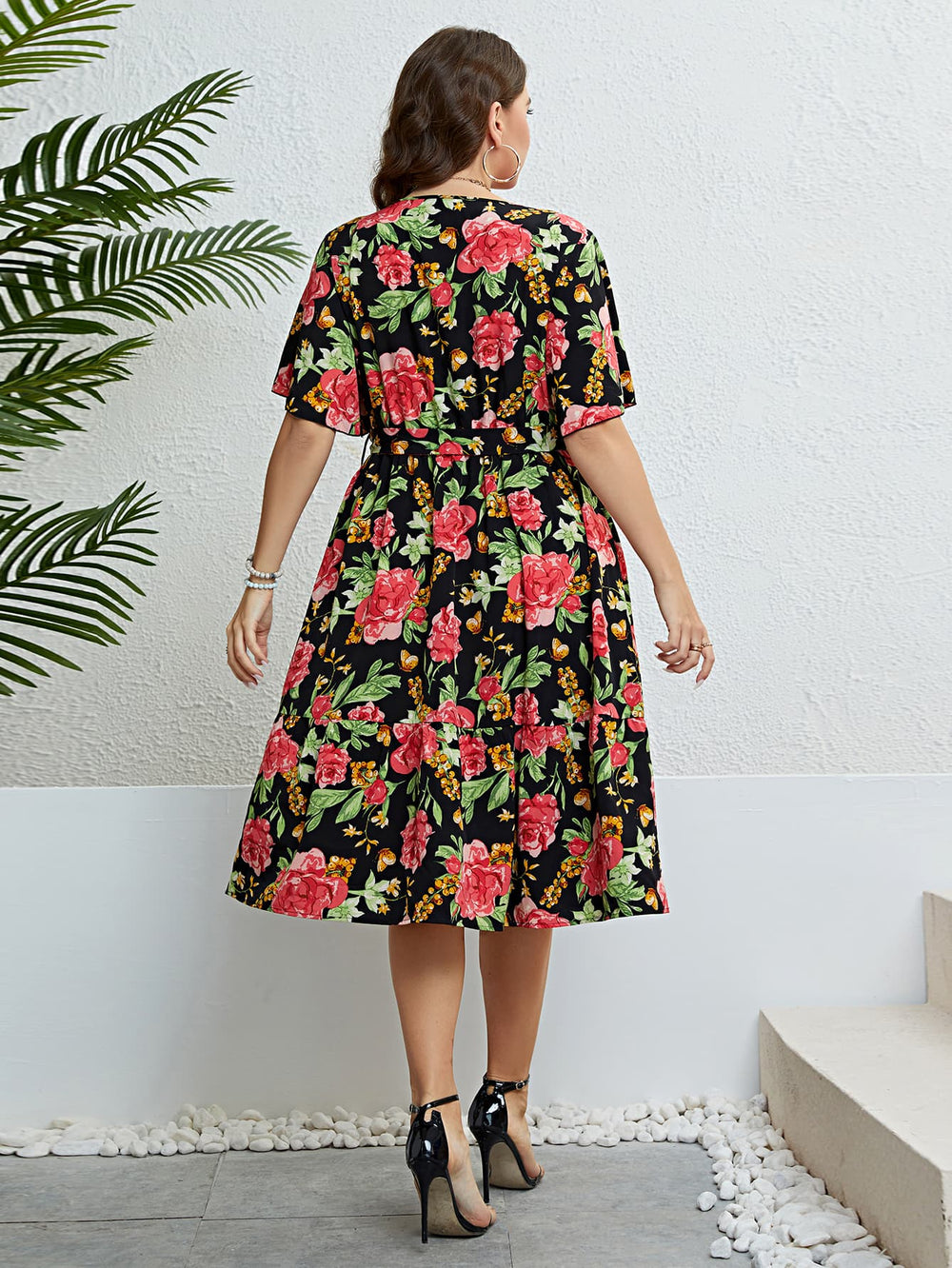 Plus Size Floral Tie Belt Surplice Dress Trendsi