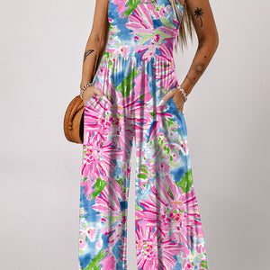 Floral Smocked Square Neck Jumpsuit with Pockets Trendsi