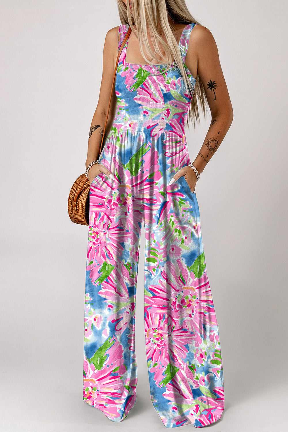 Floral Smocked Square Neck Jumpsuit with Pockets Trendsi