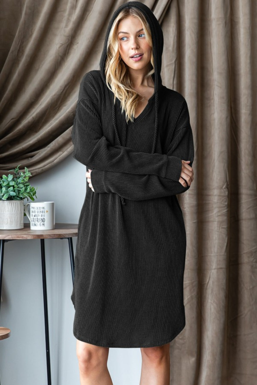 Heimish Ribbed Long Sleeve Hooded Dress Trendsi