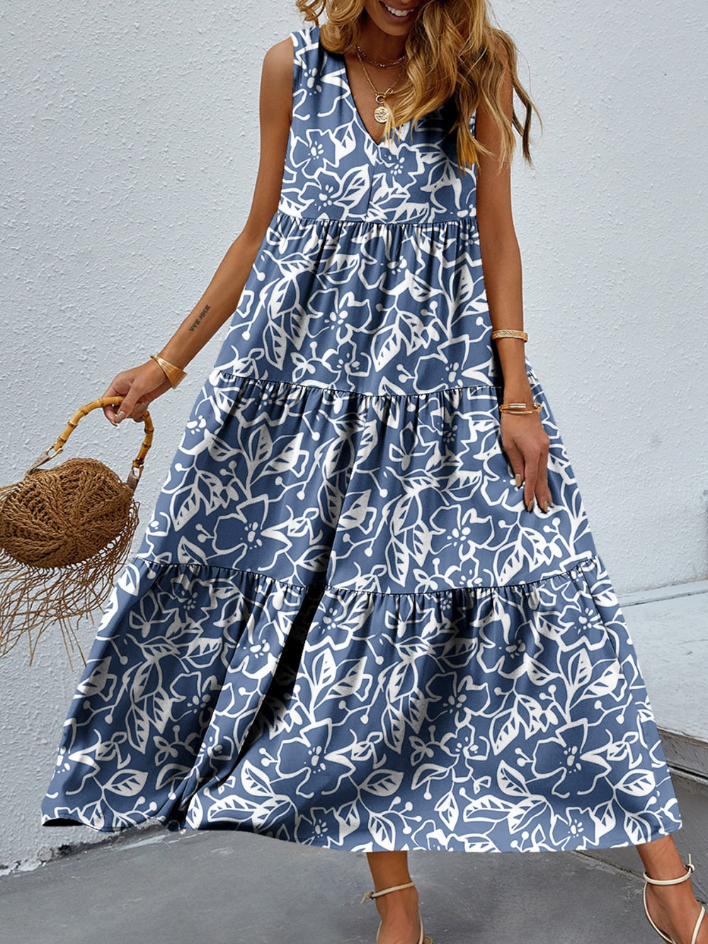 Tiered Printed V-Neck Sleeveless Dress Trendsi