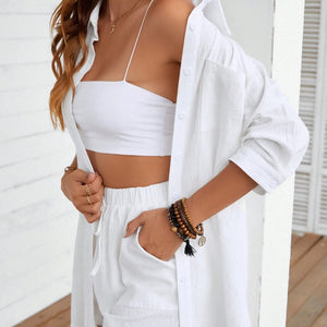 Dropped Shoulder Button Up Shirt and Shorts Set Trendsi