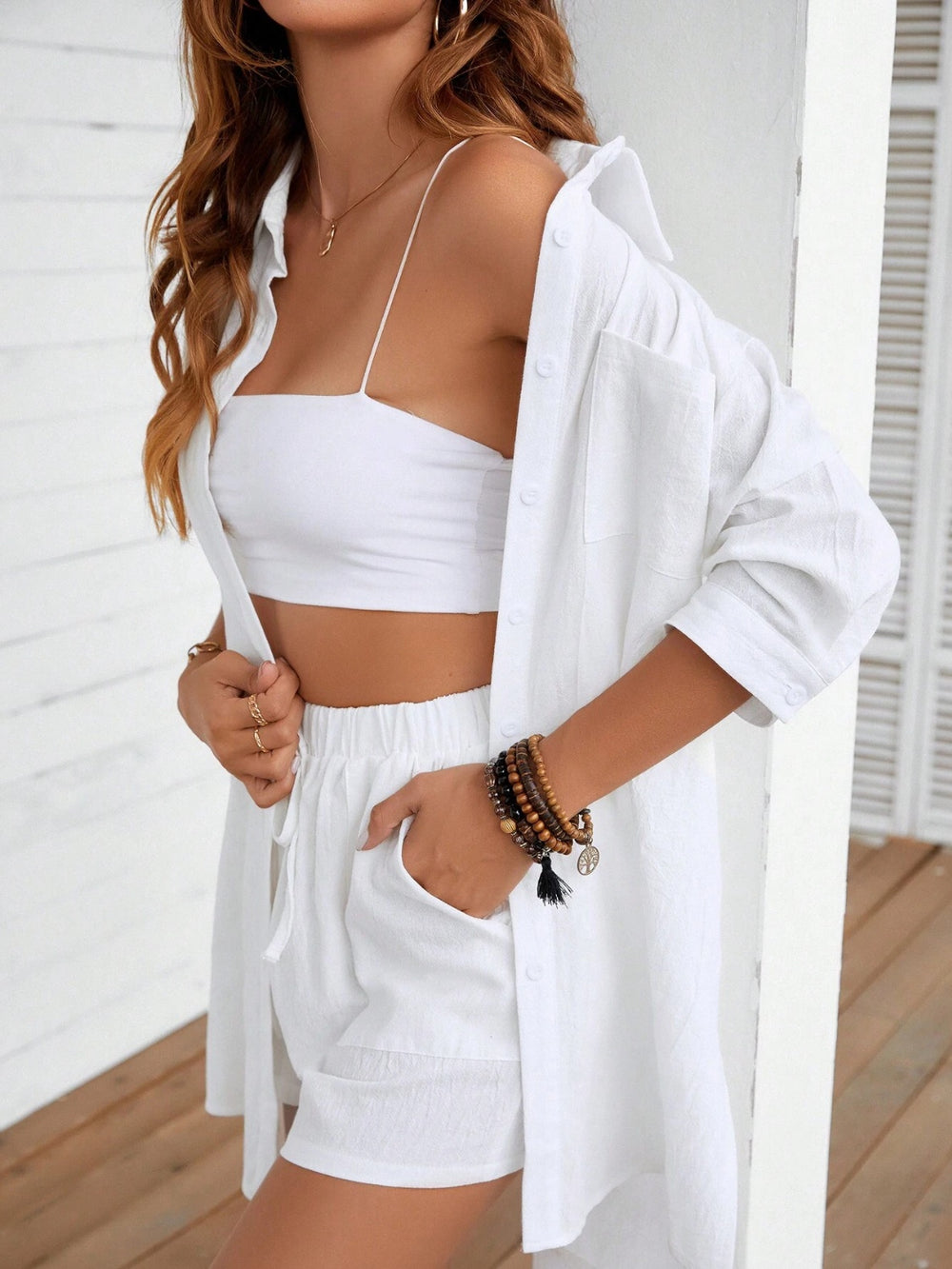 Dropped Shoulder Button Up Shirt and Shorts Set Trendsi