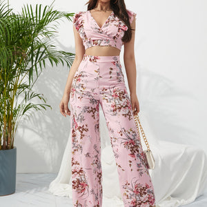 Printed Surplice Cap Sleeve Top and Pants Set Trendsi