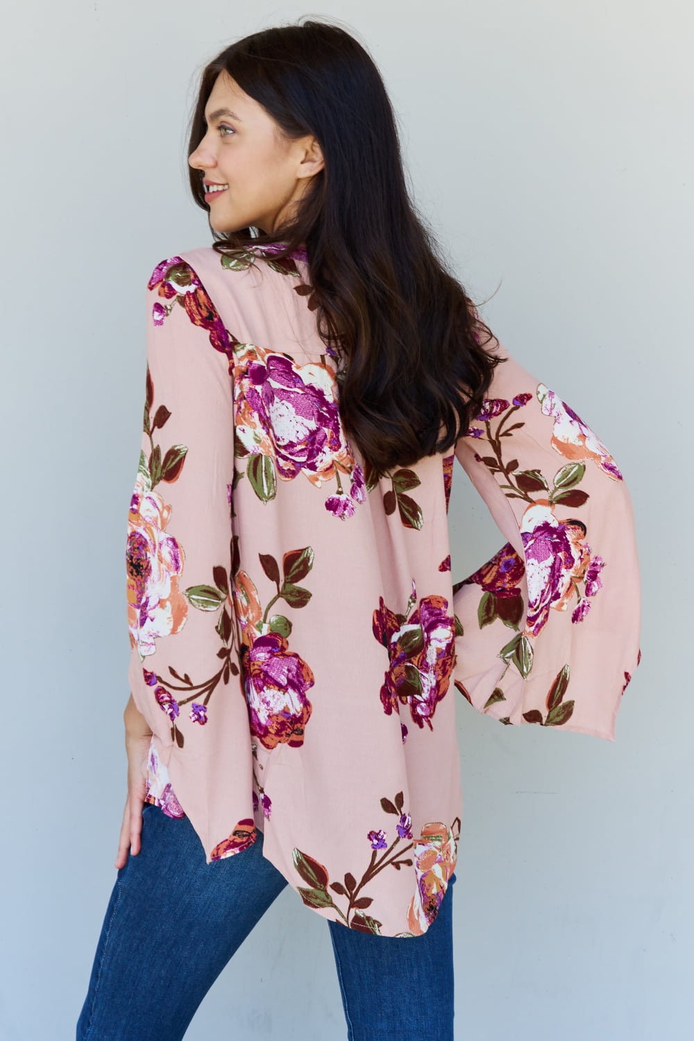 ODDI Full Size Floral Bell Sleeve Crepe Top Trendsi