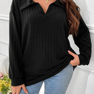 Plus Size Ribbed Johnny Collar Long Sleeve T-Shirt Trendsi