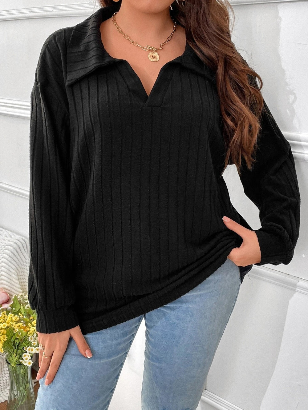 Plus Size Ribbed Johnny Collar Long Sleeve T-Shirt Trendsi