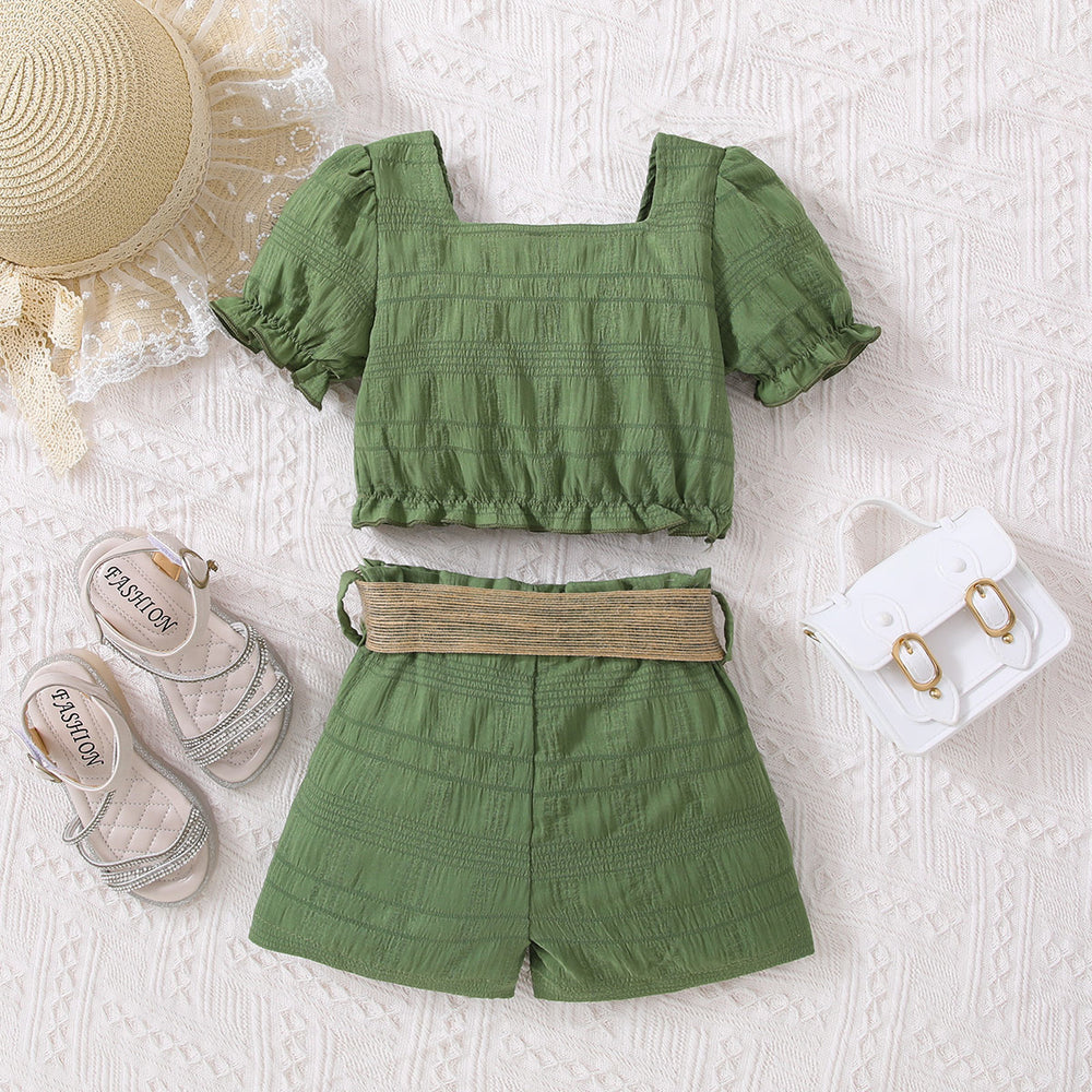 Kids Textured Bow Detail Top and Belted Shorts Set Trendsi