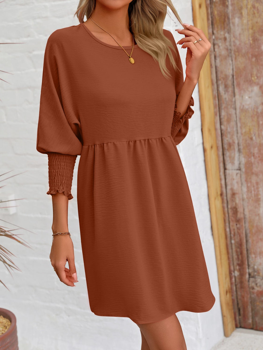 Round Neck Lantern Sleeve Mini Dress Trendsi