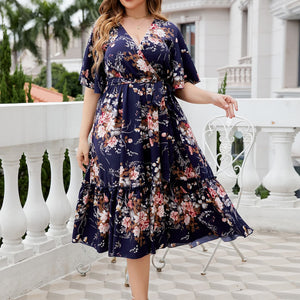 Plus Size Floral Surplice Neck Midi Dress Trendsi