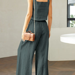 Square Neck Top and Wide Leg Pants Set Trendsi