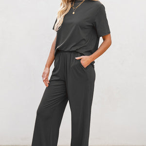 Round Neck Short Sleeve Top and Pants Set Trendsi