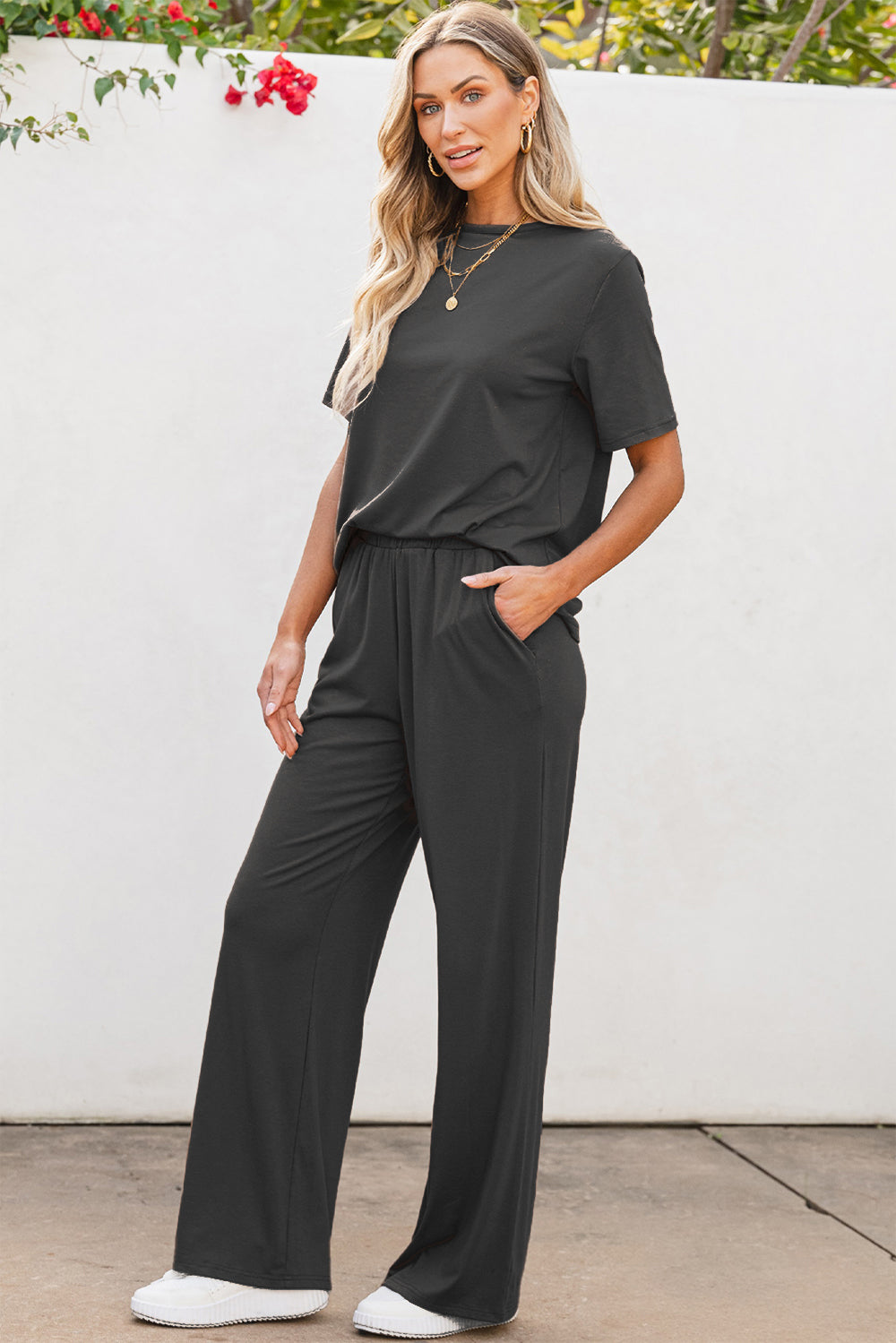 Round Neck Short Sleeve Top and Pants Set Trendsi