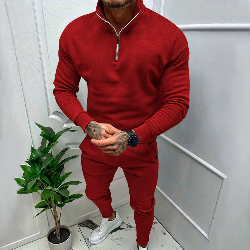 Men's Casual Fleece-lined Solid Color Top And Trousers Suit My Store