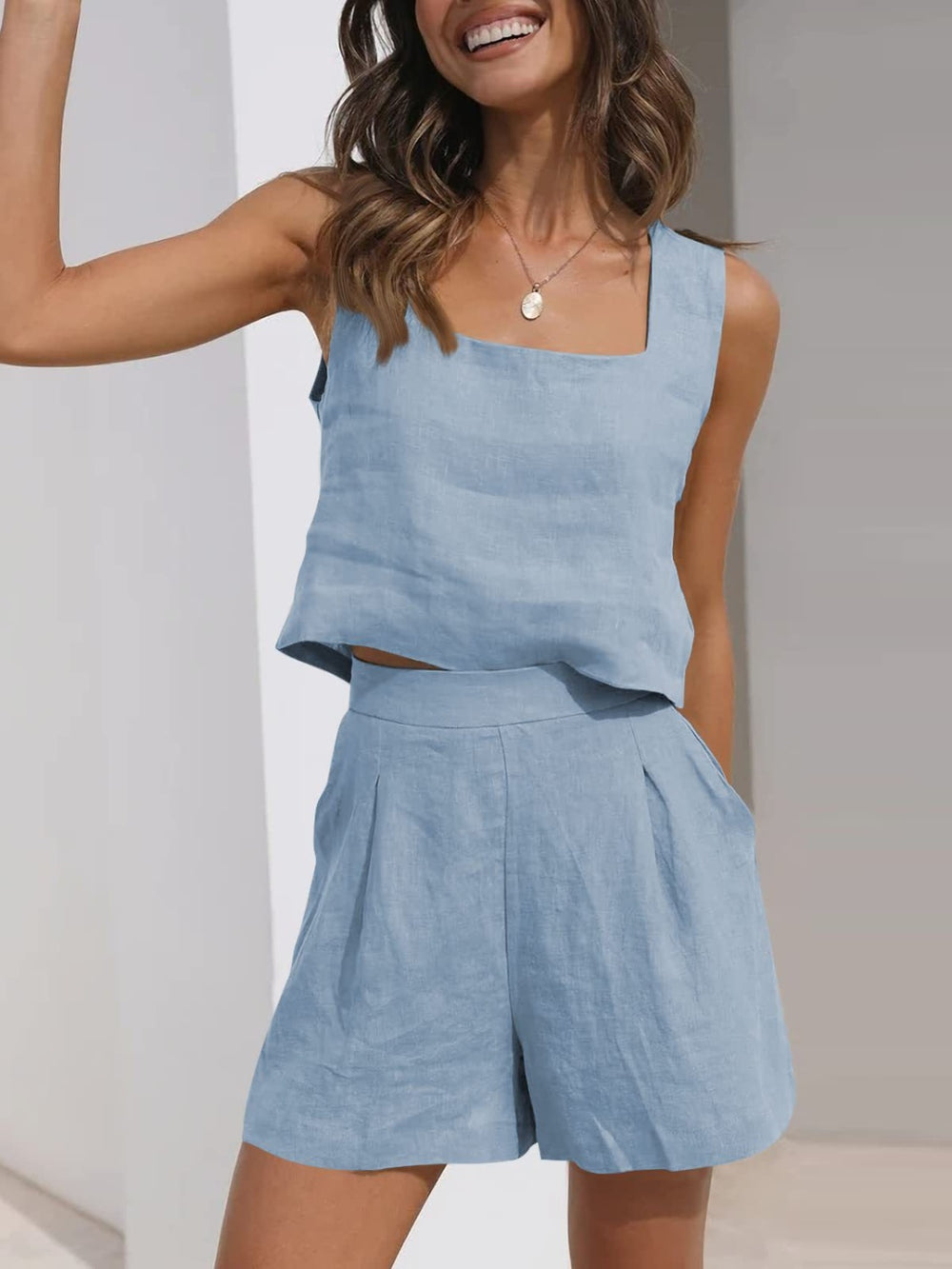 Square Neck Wide Strap Top and  Shorts Set Trendsi