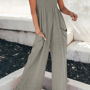 Smocked Spaghetti Strap Wide Leg Jumpsuit Trendsi