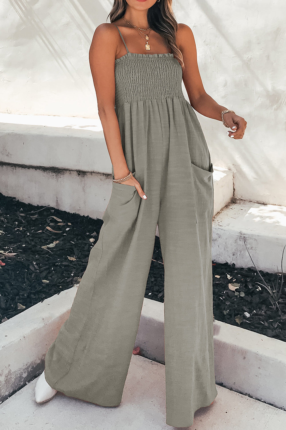 Smocked Spaghetti Strap Wide Leg Jumpsuit Trendsi